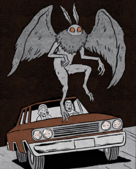 a car with an angel sitting on top of it's head and two men in the back