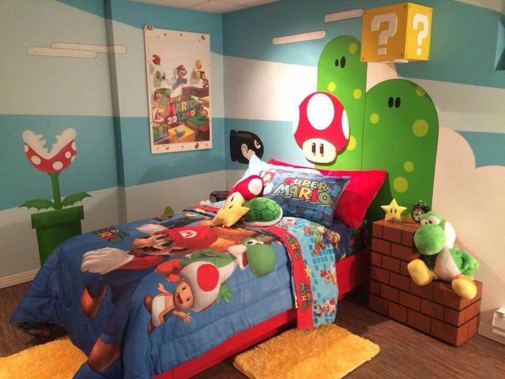 a child's bedroom decorated in mario bros theme