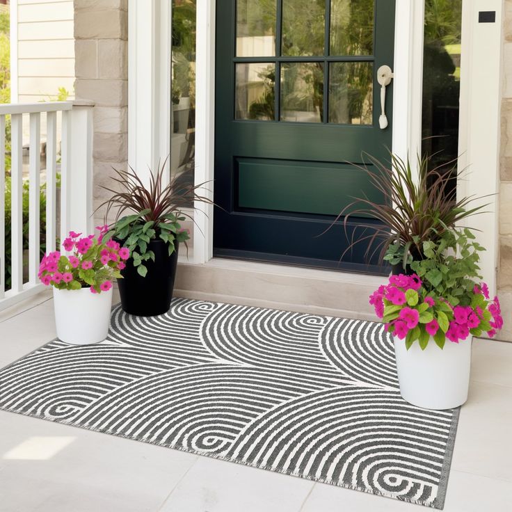 two potted plants are sitting on the front porch door mat that is designed with black and white circles