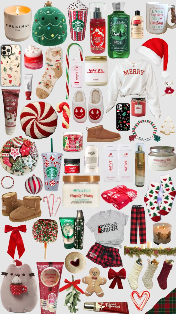 a collage of christmas items including gifts, cookies and candy canes on a white background