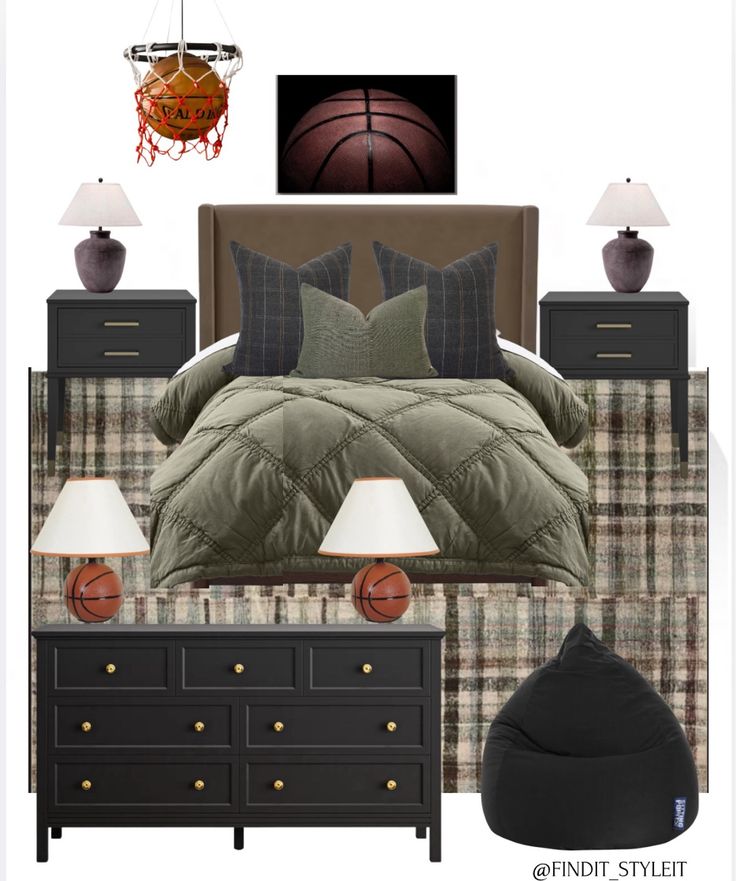 a bed room with a neatly made bed next to two lamps and a basketball on the wall