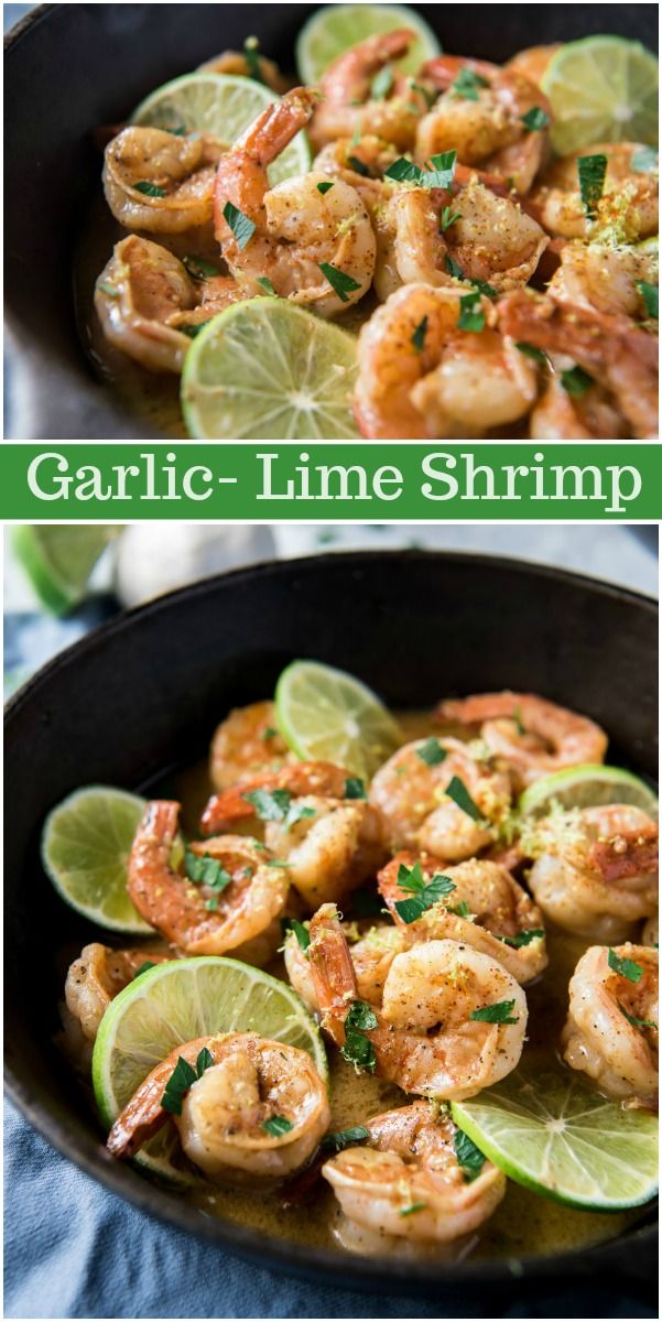 garlic lime shrimp in a cast iron skillet