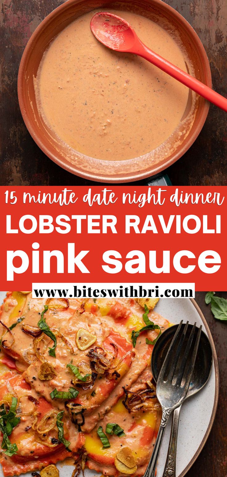 lobster ravioli with pink sauce in a bowl and on a plate next to a spoon