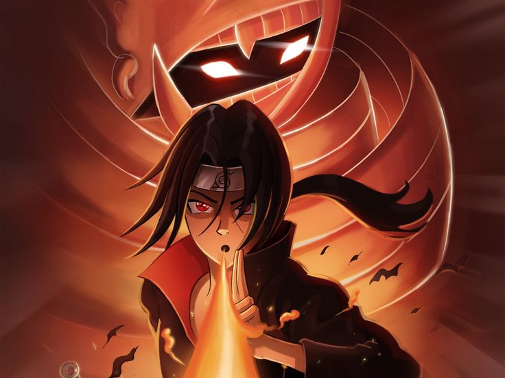 a woman with long black hair and red eyes in front of an orange background, holding her hand up to her mouth