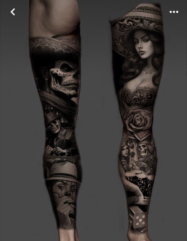 tattoos on the legs and leg are all different styles, but there is no image to describe