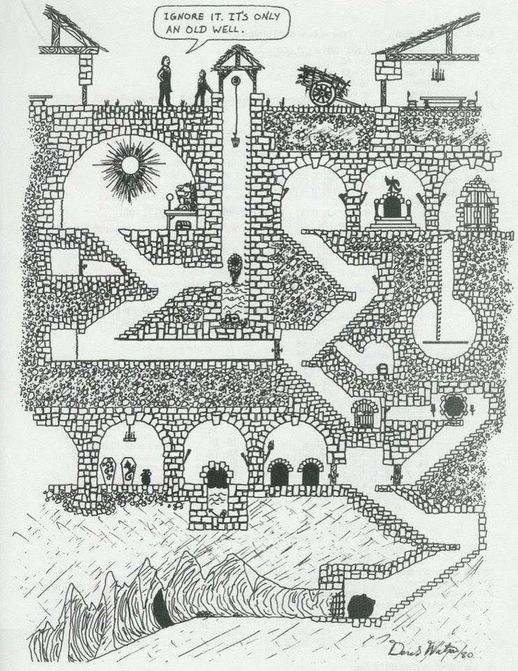 a drawing of a castle with people standing on the top and one person in the middle