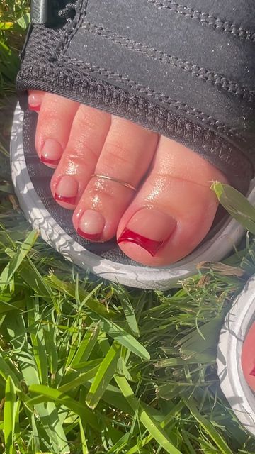 Red French Tip Nails Pedicure, Pedicure Ideas Red Toenails, Acrylic Toenails Pedicures, Summer Red Toe Nails, Burgundy French Tip Toes, Red Nails Feet Pedicures, French Tip On Toe Nails, Red Tip Toe Nails, Cherry Red Toenails