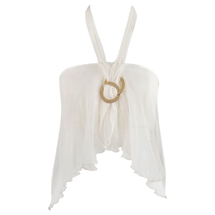 ALEXANDER McQUEEN S/S 1998 White Silk Chiffon Gold Hardware Halter Neck Tank Top NWT Brand / Manufacturer: Alexander McQueen Collection: S/S 1998 Style: Halter neck tank top Color(s): Shades of white and gold Lined: Yes Marked Fabric Content: 100% Silk Additional Details / Inclusions: Alexander McQueen S/S 1998 halter neck tank top. Tank top is sheer silk chiffon fabric. Longer at sides and back of tank top, shorter in center front. Top has bandeau style lining underneath with darts for close fi Silk Summer Top, Shuffle Cutouts, Alexander Mcqueen Collection, Cotton Farm, Silk Chiffon Fabric, Strap Crop Top, Halter Tank Top, Bralette Crop Top, Halter Tank