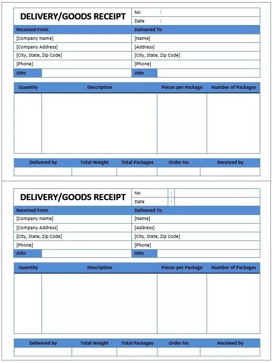 two receipt forms with the words delivery and goods receipt written on each one, both in blue