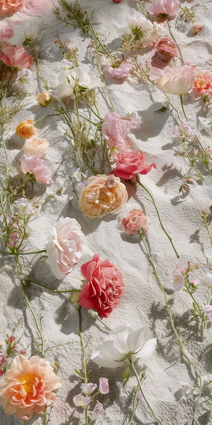 many different colored flowers laying on the sand