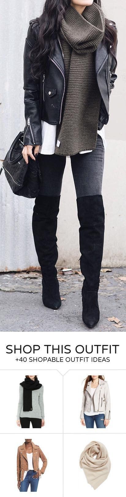 Outfits With Scarf, Vetements Shoes, Black Biker Jacket, Otk Boots, Trendy Outfits Winter, Green Scarf, Looks Black, Outfits Spring, Looks Chic