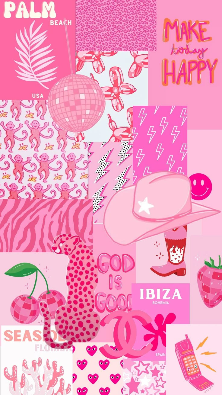 a collage of pink and white images