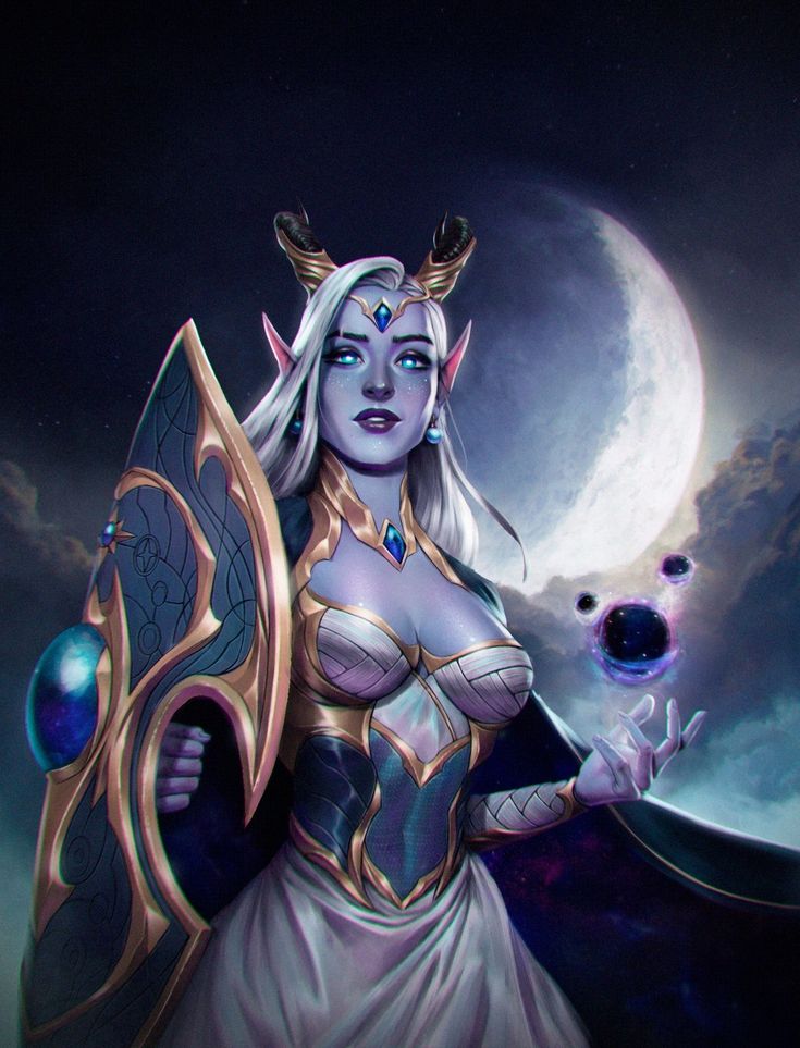 an image of a woman holding a crystal ball in front of a full moon sky