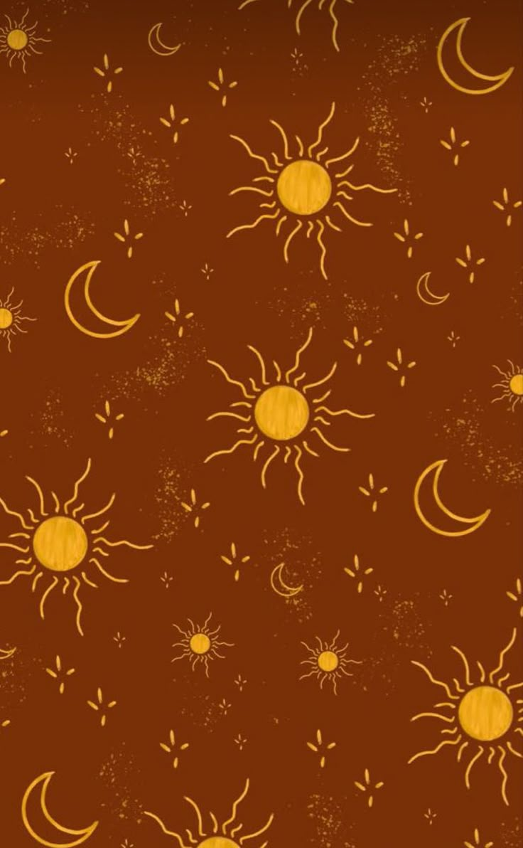 the sun, moon and stars are drawn in yellow on an orange background with white dots