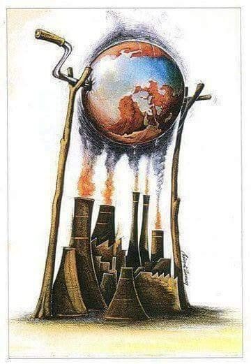 an artistic drawing of a world globe surrounded by smokestacks