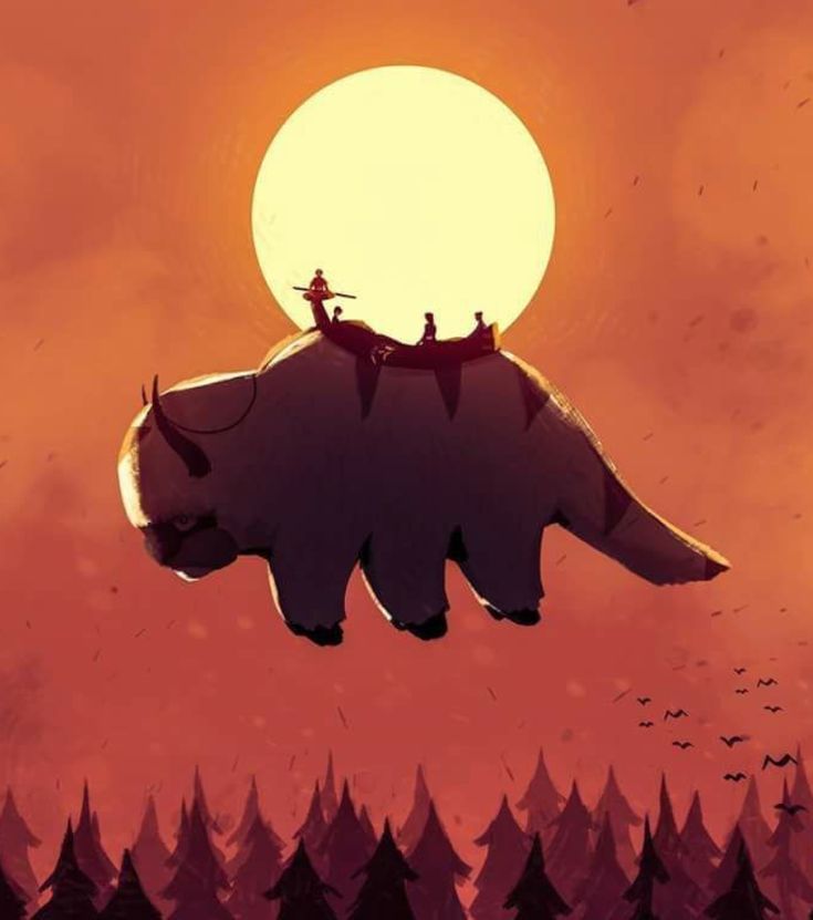 an elephant flying through the air with people on it's back in front of a sunset