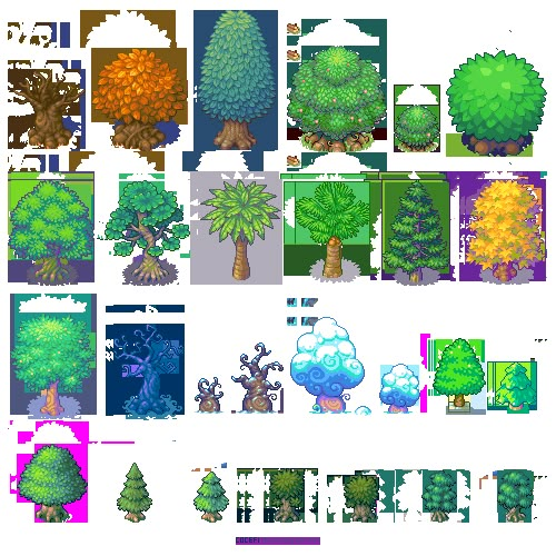 the different types of trees and shrubs in pixel art, including one with green leaves