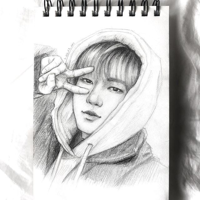 a pencil drawing of a person wearing a hoodie and holding their hand up to her eye