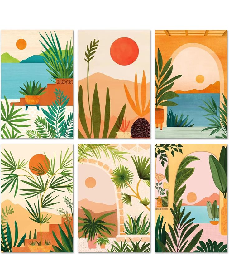 four different prints with plants and sunsets on them, all in shades of green