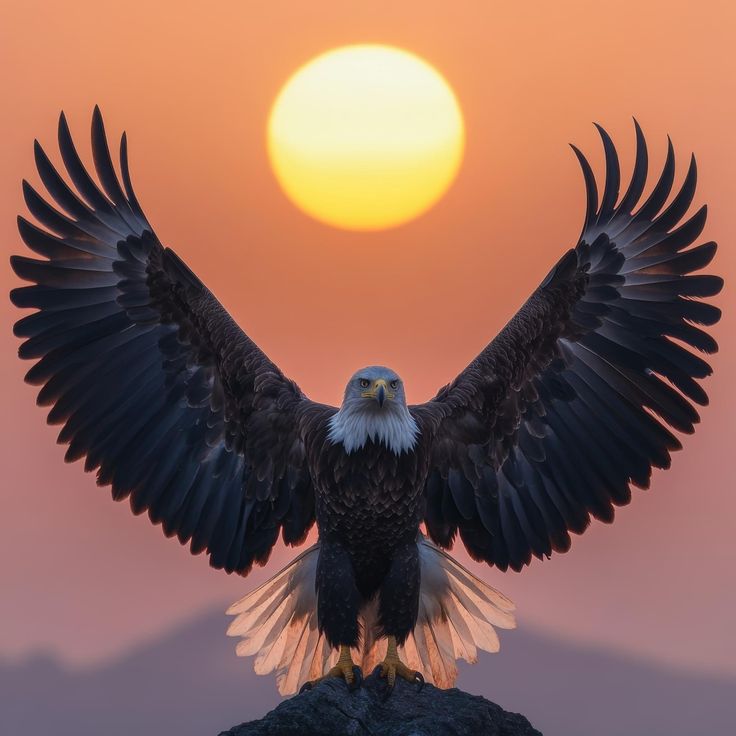 an eagle spreads its wings as the sun sets in the sky behind it on top of a rock