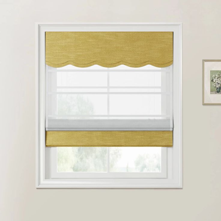 a window with yellow roman shades in a white room