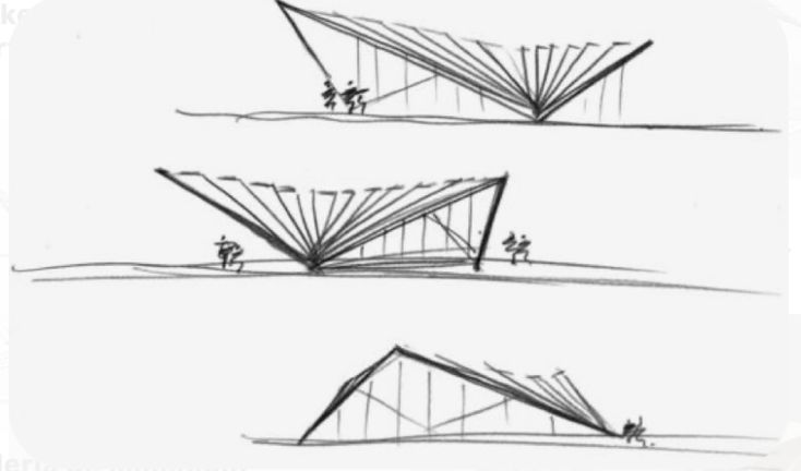 three different views of an architectural structure with people walking on the ground and in the distance