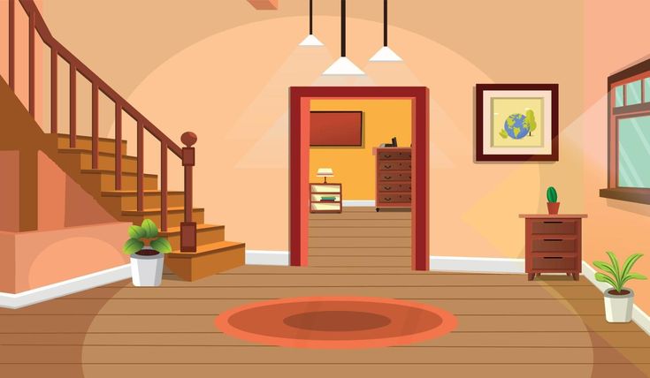 an illustration of a hallway with stairs and potted plants on the floor in front of it