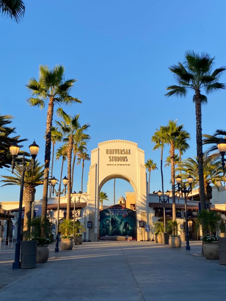 the entrance to an amusement park with palm trees in front of it and a blue sky