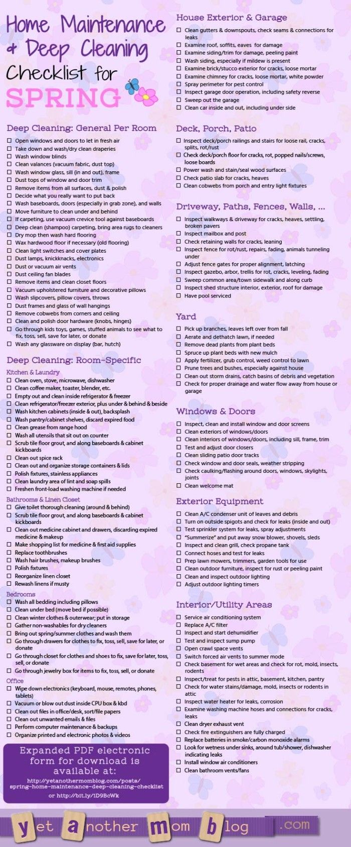 the home maintenance checklist is shown in purple and white with pink flowers on it