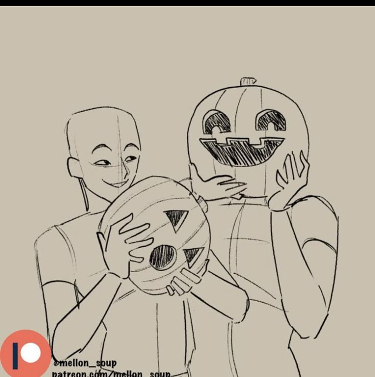 two people are holding pumpkins with faces drawn on them