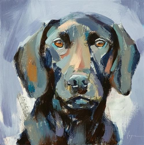 a painting of a black dog with orange eyes