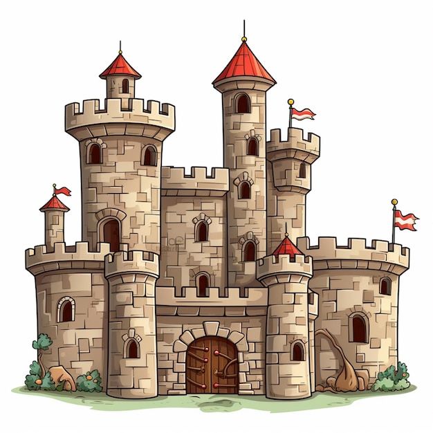 an old castle with towers and flags on the roof is standing in front of a white background