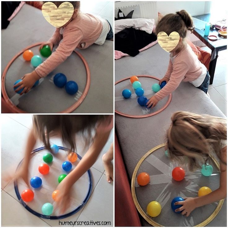 a collage of photos showing different stages of playing with colored balls in a circle