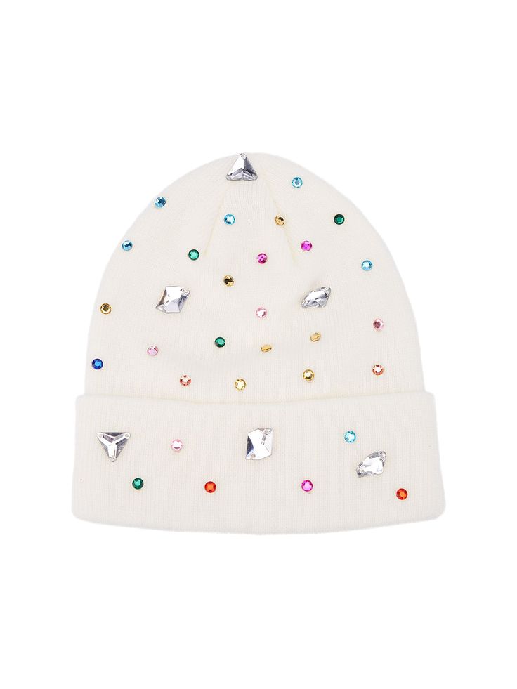 a white beanie with multicolored crystals on it