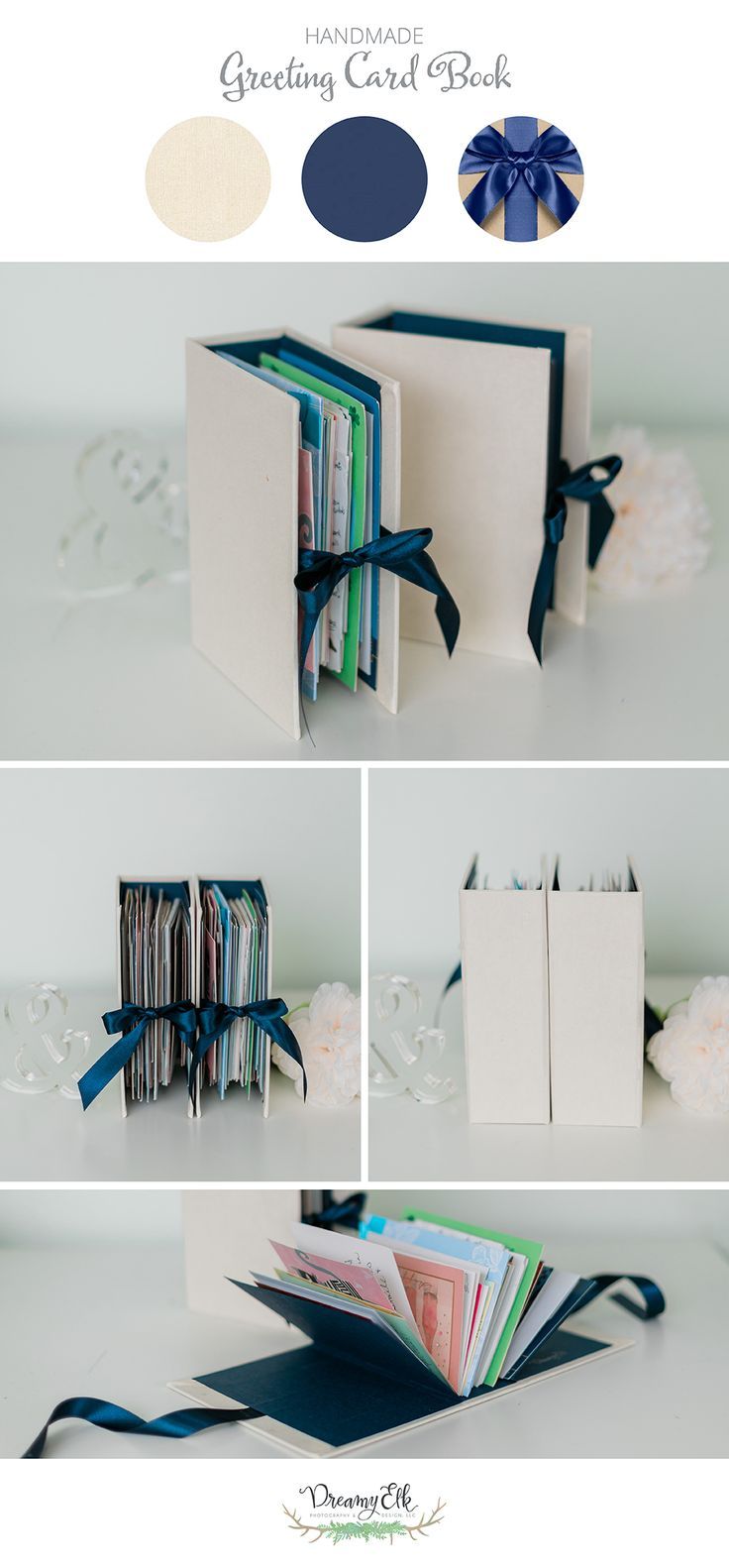 an open book with blue ribbon on top and white paper in the bottom, next to it