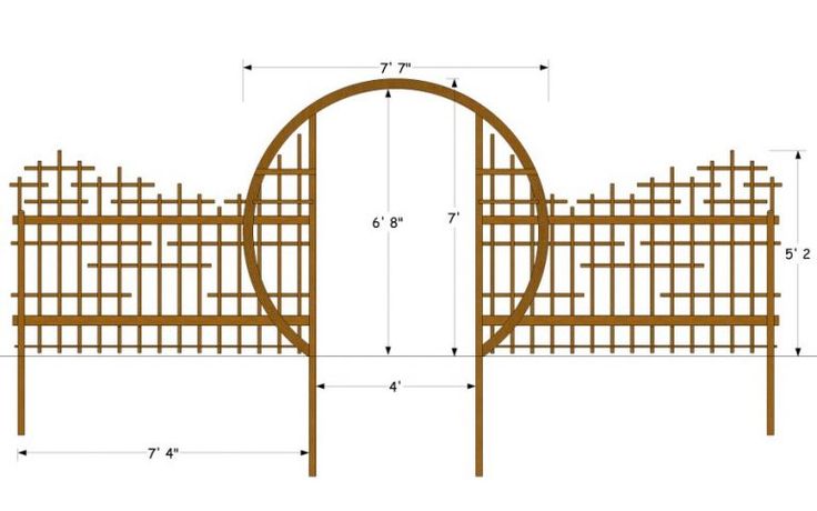 a wooden structure with measurements for the top and bottom sections, including an arched doorway