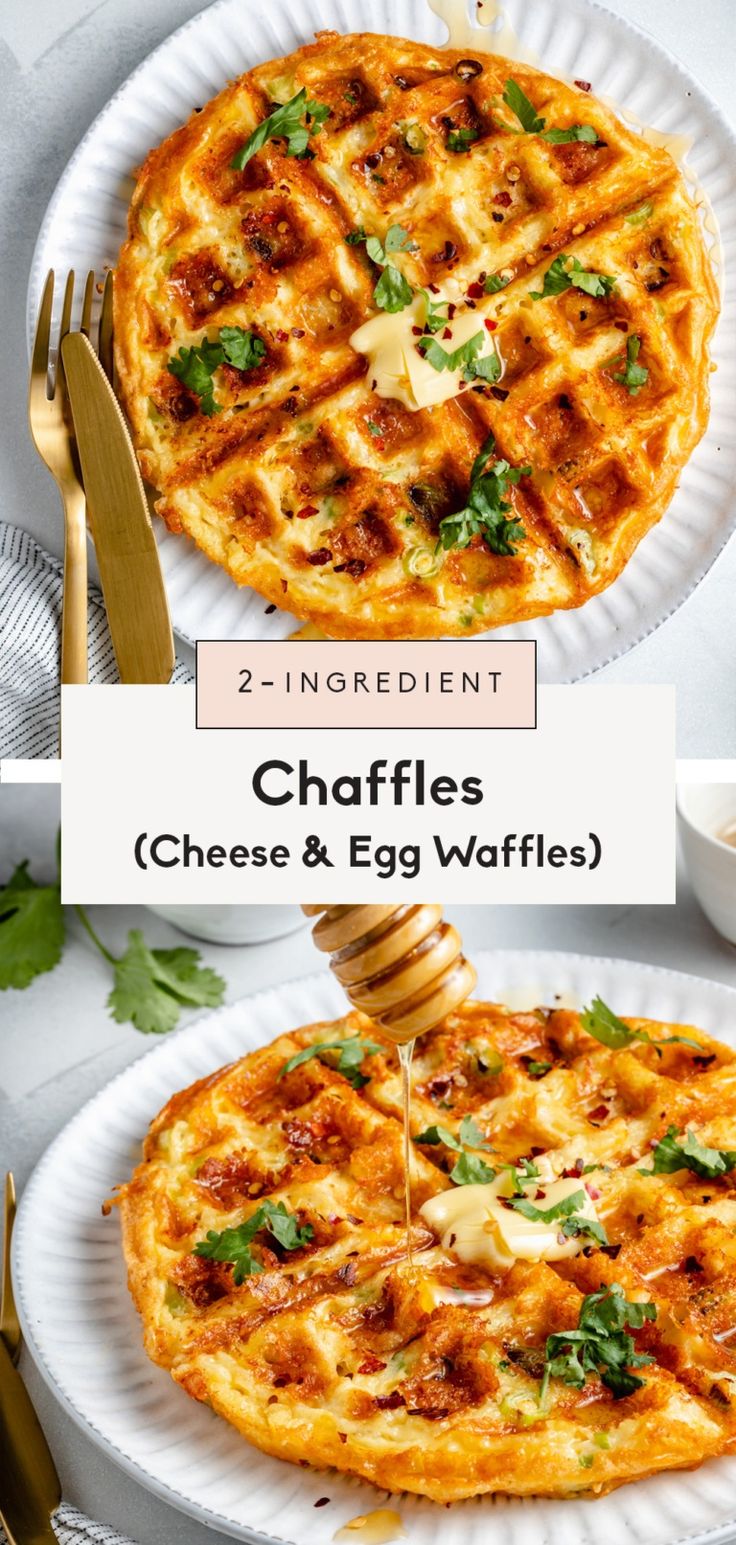 two plates with waffles on them, one being drizzled with cheese and egg waffles