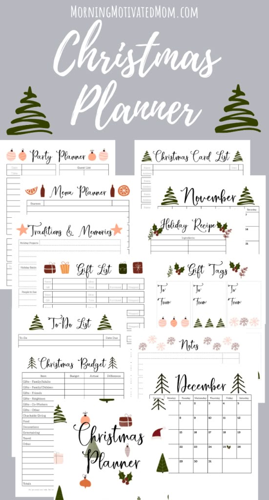 christmas planner printables with trees and snowflakes on the top, below it is