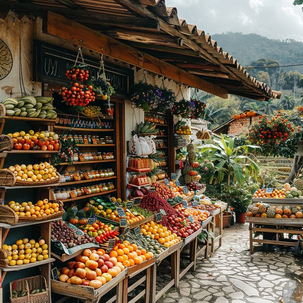 an outdoor market with lots of fruits and veggies for sale on the shelves