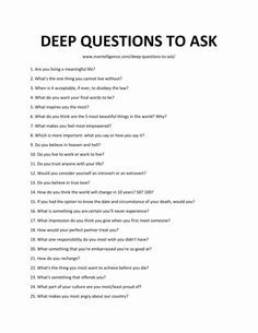 a poster with the words deep questions to ask written in black and white on it