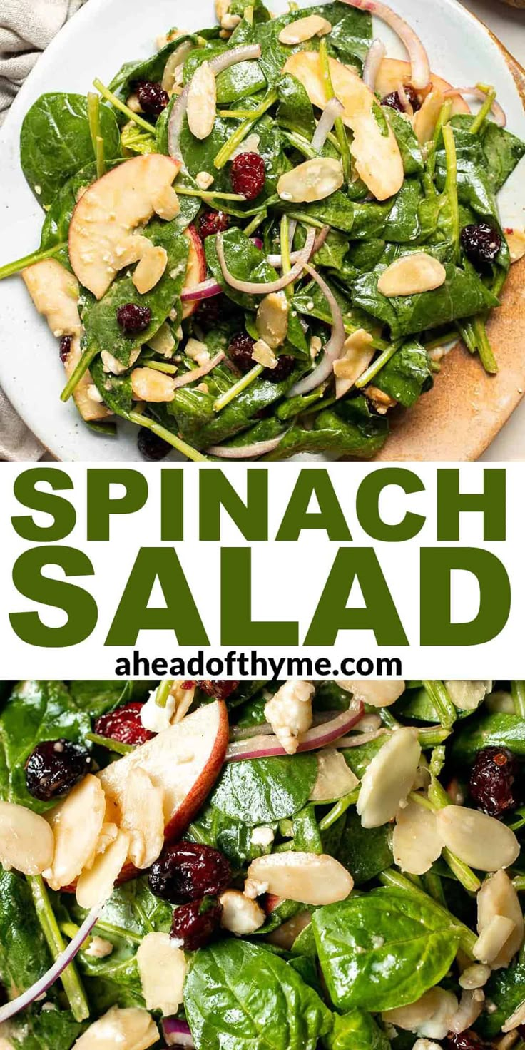 spinach salad with apples, cranberries and almonds in it on a white plate