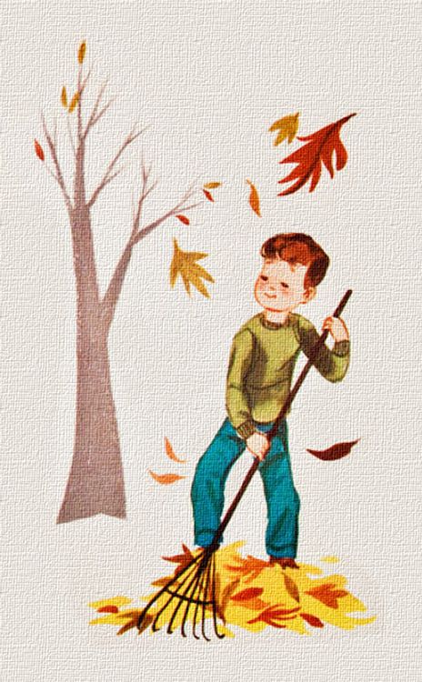 a drawing of a boy holding a broom and throwing leaves