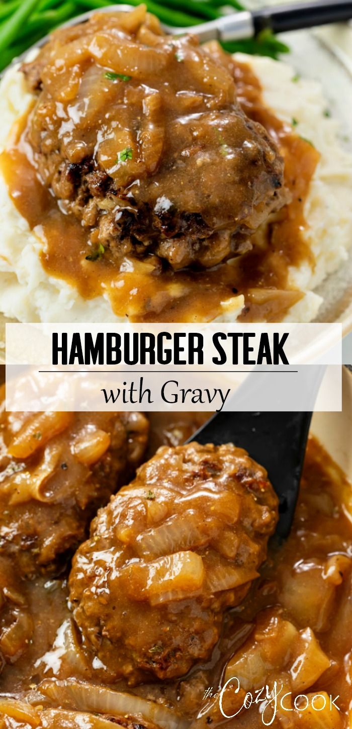 hamburger steak with gravy in a white bowl