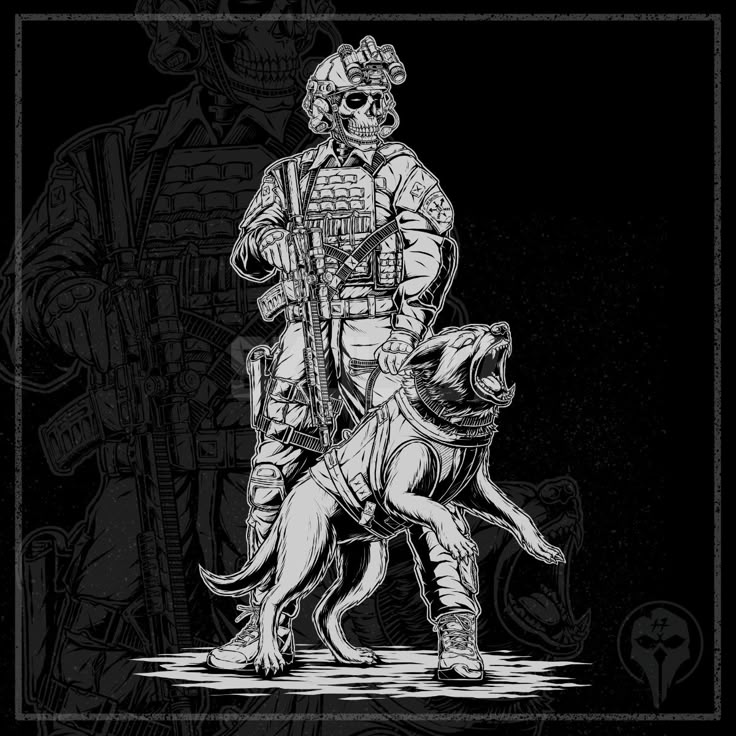 a black and white drawing of a soldier on a dog