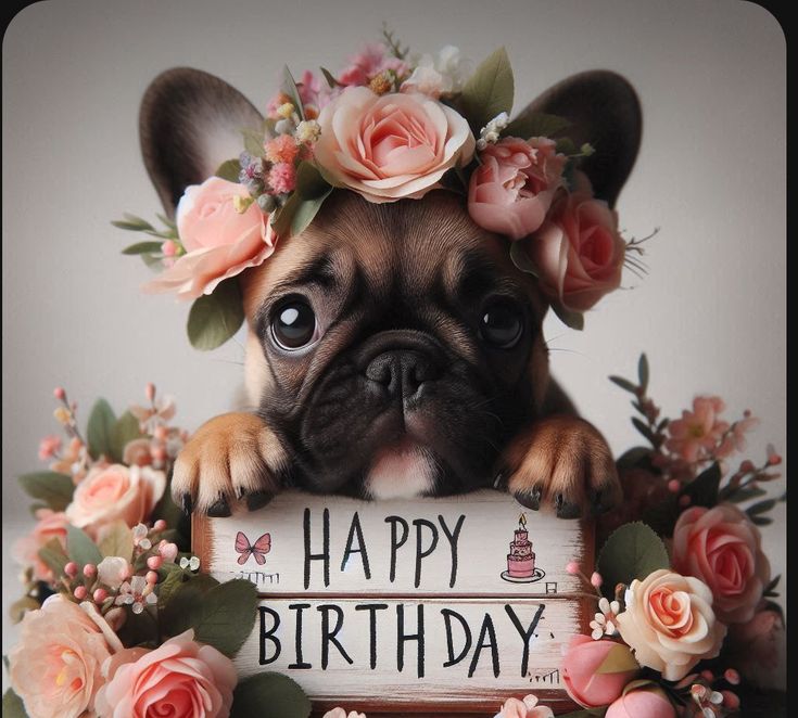 a small dog with flowers on its head is holding a sign that says happy birthday