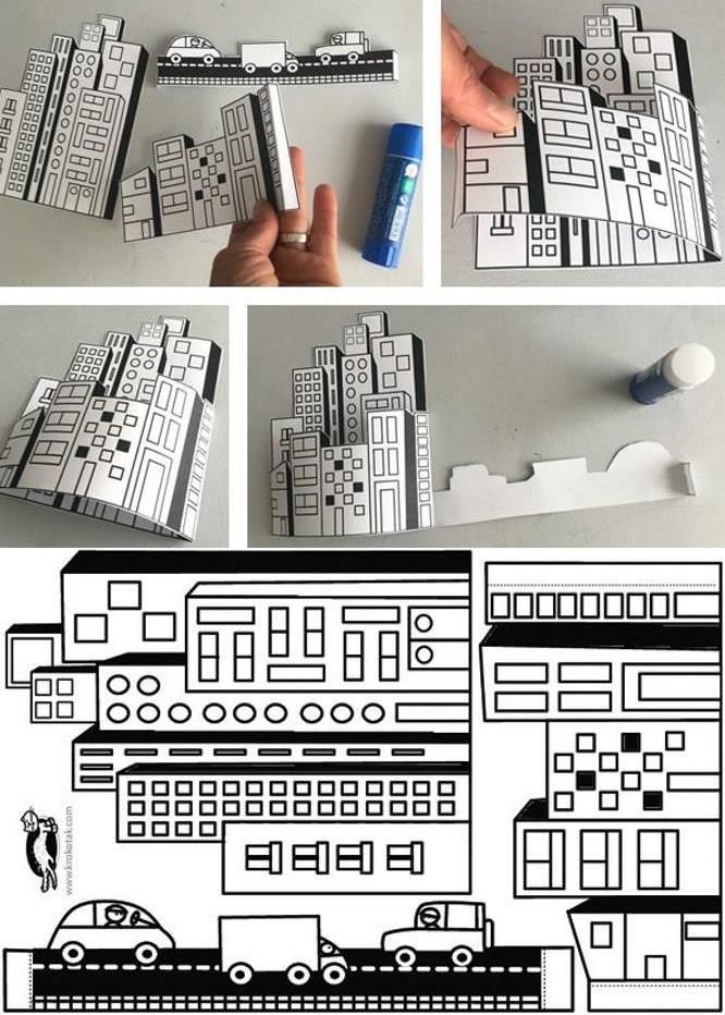 the instructions for how to make a paper cutout of a cityscape with buildings and cars