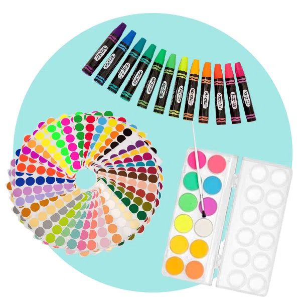 an assortment of art supplies including paint, markers and pencils on a blue background