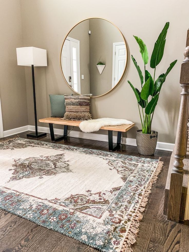 a living room with a rug, mirror and potted plant