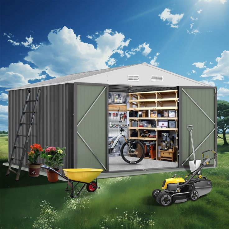 a small storage shed with a lawn mower next to it