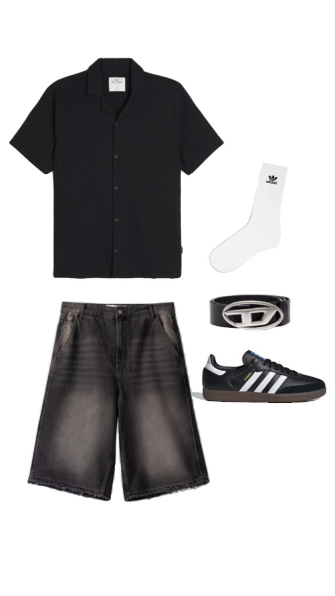 Black Jorts Outfit Men, Black Shirt Outfits, Street Style Outfits Casual, Cool Girl Outfits, Chica Cool, Black Men Fashion Casual, Mens Casual Outfits Summer, Streetwear Clothes, Outfits Streetwear